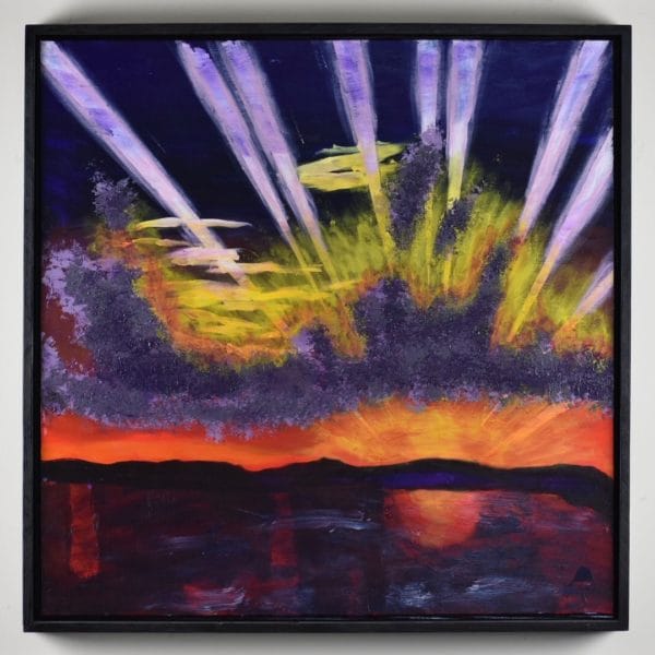 Framed View of A rising sun creates streaks of sunlight through purple clouds and sky as the rising sun reflects across the water. Purple, Orange, Yellow, White. Large Painting by artist Donald Ryker in textured expressionist impressionist art style with unique impasto glaze technique.