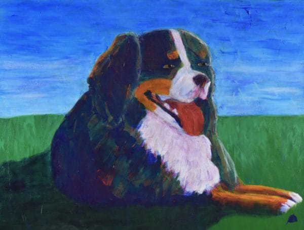 A Bernese Mountain Dog rests on a green grass with clear blue sky in the the background. Large Painting by artist Donald Ryker in textured expressionist impressionist art style with unique impasto glaze technique.