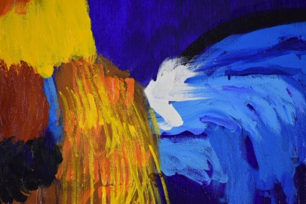 Close-up of A brightly colored rooster steps on abstract green grass with a vibrant blue background. Blue, Yellow, Red, Orange. Large Painting by artist Donald Ryker in textured expressionist impressionist art style with unique impasto glaze technique.