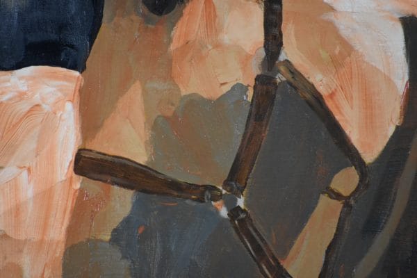 Close-up of A stately mare wearing halter and lead rope bending her neck to look to the side. Western. Orange, Brown, Neutral tones. Large Painting by artist Donald Ryker in textured expressionist impressionist art style with unique impasto glaze technique.