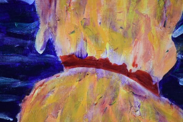 Close-up of A golden service dog is seen from behind looking out over the ocean. Orange, blue, purple, red. Large Painting by artist Donald Ryker in textured expressionist impressionist art style with unique impasto glaze technique.