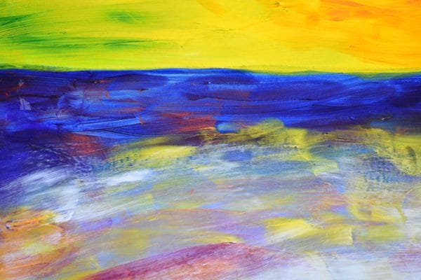Close-up of A Glowing gold shoreline and sunset with deep blue ocean and sky. Yellow, Blue. Large Painting by artist Donald Ryker in textured expressionist impressionist art style with unique impasto glaze technique.