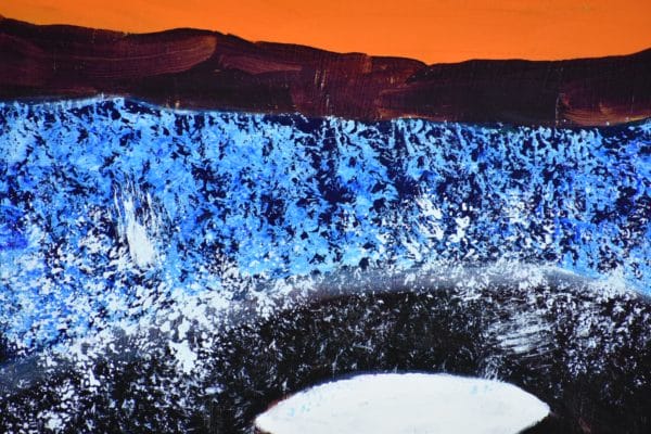 Close-up 2 of Two orca whales swim side by side through the foaming ocean with the sun setting in the background. Ocean. Orange, Purple, Blue, White, Black. Large Painting by artist Donald Ryker in textured expressionist impressionist art style with unique impasto glaze technique.