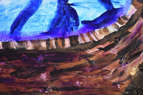 Close-up of A newborn baby rests on a blue blanket in a rustic brown wicker basket with a dark brown background. Brown, Purple, Blue, beige. Large Painting by artist Donald Ryker in textured expressionist impressionist art style with unique impasto glaze technique.