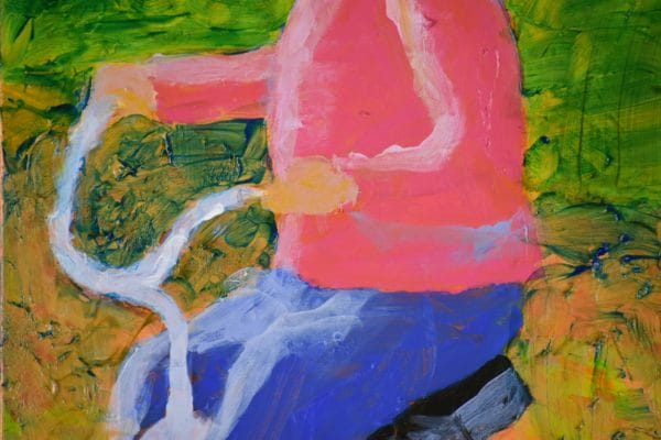 Close-up of A small child dressed in pink and blue pedals a red tricycle down a pathway. Pink, Blue, Green, Orange. Large Painting by artist Donald Ryker in textured expressionist impressionist art style with unique impasto glaze technique.