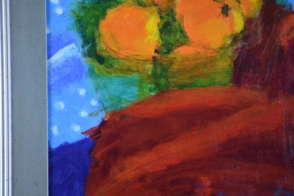 Close-up of A still life of oranges in a green glass bowl on red and blue fabric. Large Painting by artist Donald Ryker in textured expressionist impressionist art style with unique impasto glaze technique.