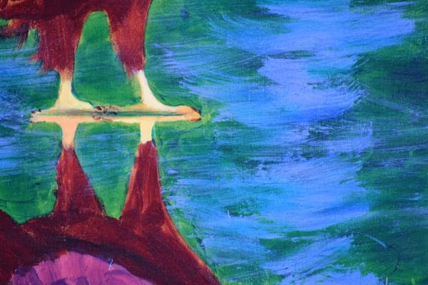 Close-up of A red-toned bald eagle stands looking at his own reflection in the shallow waters. Mountain. Red, Green, Blue, White. Large Painting by artist Donald Ryker in textured expressionist impressionist art style with unique impasto glaze technique.