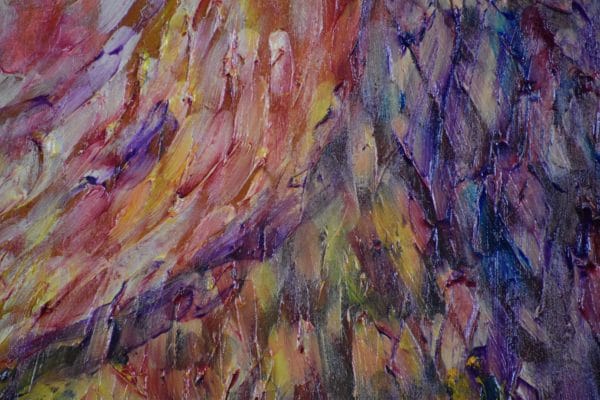 Close-up of A lion sitting in profile looking into the distance, with green mountains and blue sky in the background. Jungle. Rainbow stained-glass colors. Large Painting by artist Donald Ryker in textured expressionist impressionist art style with unique impasto glaze technique.