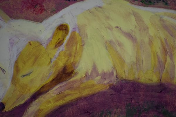 Close-up of A sleeping arctic wolf rests on the barren tundra. Mountain. Rose, Pink, Purple, Yellow, Green. Large Painting by artist Donald Ryker in textured expressionist impressionist art style with unique impasto glaze technique.