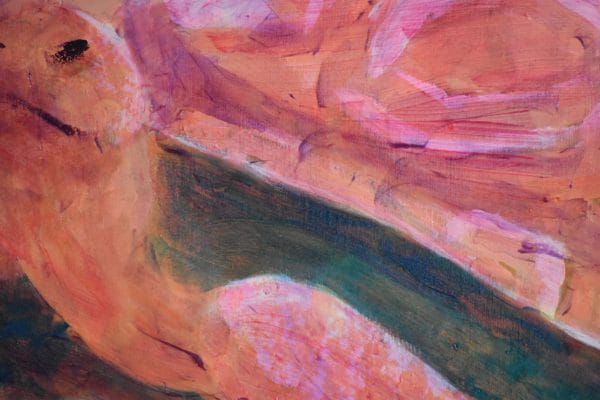 Close-up of A Terra Cotta and Rose colored Tortoise paces through the desert sand. Desert. Peach, Pink, Orange, Yellow. Large Painting by artist Donald Ryker in textured expressionist impressionist art style with unique impasto glaze technique.