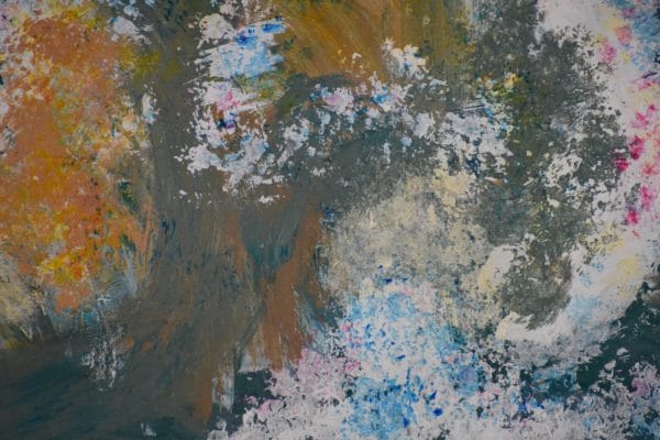 Close-up of A large sunlit wave pulls up ochre sand and crests and tumbles into the surf of smaller waves on the ocean. Ocean. White, gray, pastels, ochre. Large Painting by artist Donald Ryker in textured expressionist impressionist art style with unique impasto glaze technique.