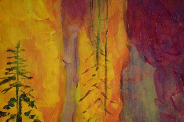 Close-up of Pines burn in a roaring blaze as a fire consumes the forest. Yellow, Orange, Red, purple. Large Painting by artist Donald Ryker in textured expressionist impressionist art style with unique impasto glaze technique.
