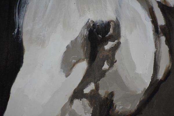 Close-up of Light falls gently on the profile of a beautiful white horse in shadow. Taupe and white. Large Painting by artist Donald Ryker in textured expressionist impressionist art style with unique impasto glaze technique.