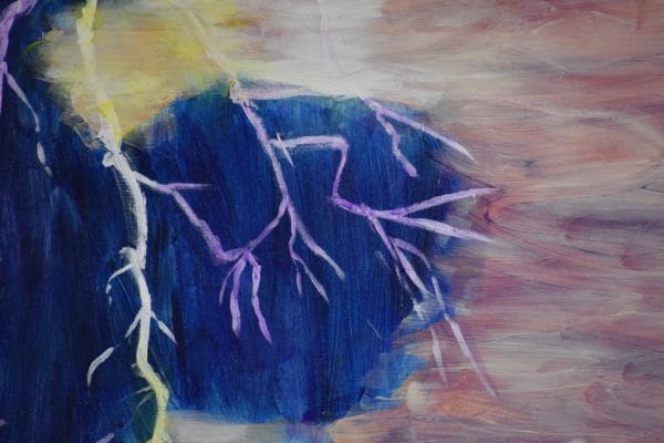 Close-up of A bolt of lightening flashes against a blue sky and stormy cloud. Blue, pink, purple, yellow. Large Painting by artist Donald Ryker in textured expressionist impressionist art style with unique impasto glaze technique.