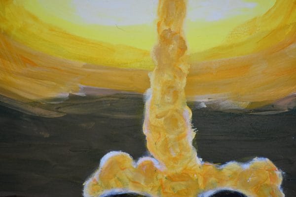 Close-up of Sunlight glows through the vortex of a swirling golden tornado with a reflection in the water in the foreground. Gold, Yellow, Peach, green purple. Large Painting by artist Donald Ryker in textured expressionist impressionist art style with unique impasto glaze technique.