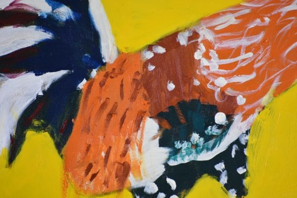 Close-up of A Colorful rooster walking on a yellow background. Large Painting by artist Donald Ryker in textured expressionist impressionist art style with unique impasto glaze technique.