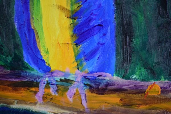 Close-up of A blue and yellow parrot sits tall on a tree branch sternly keeping watch over his jungle surroundings. Blue, yellow, purple, green orange. Large Painting by artist Donald Ryker in textured expressionist impressionist art style with unique impasto glaze technique.