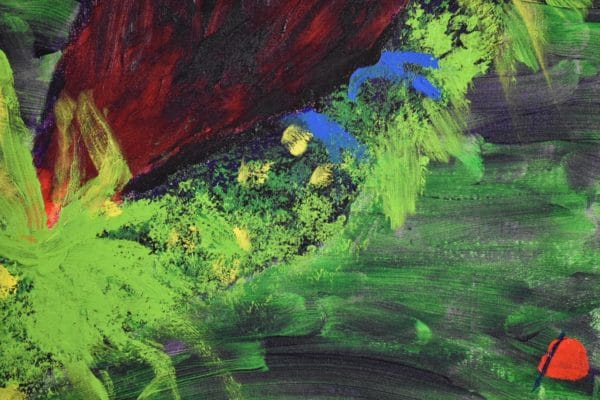 Close-up of A tropical toucan in purple yellow and green perches on jungle foliage. Jungle. Tropical, Purple, red, orange, green yellow. Large Painting by artist Donald Ryker in textured expressionist impressionist art style with unique impasto glaze technique.