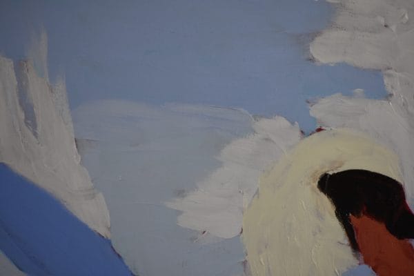Close-up of A lavender swan with wings spread settles onto the ocean with a periwinkle sky in the background. Ocean. Purple, pastel, white. Large Painting by artist Donald Ryker in textured expressionist impressionist art style with unique impasto glaze technique.