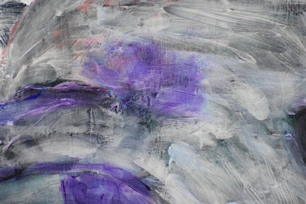 Close-up of A gray and purple dolphin leaps through the foaming waves. Large Painting by artist Donald Ryker in textured expressionist impressionist art style with unique impasto glaze technique.