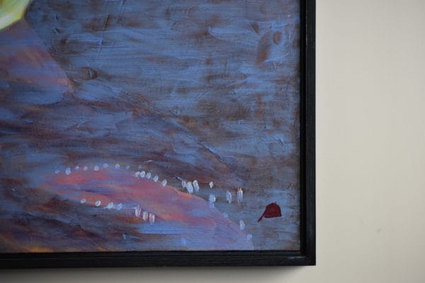 Close-up of Monet's Water Lilly colors in the fierce form of a crocodile with a reflection in the lake water. brown Green, Pink, blue. Large Painting by artist Donald Ryker in textured expressionist impressionist art style with unique impasto glaze technique.