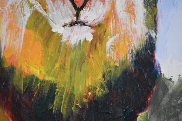Close-up of The full figure of a somber lion paces forward against a green mountain background and periwinkle blue sky. Mountain. Gold, Yellow, Purple, Green, Blue. Large Painting by artist Donald Ryker in textured expressionist impressionist art style with unique impasto glaze technique.