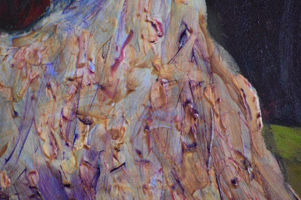 Close-up of Excited yellow lab hunting dog in the foreground with boat, gun, and trophy in the background. Golden, dark neutrals. Large Painting by artist Donald Ryker in textured expressionist impressionist art style with unique impasto glaze technique.