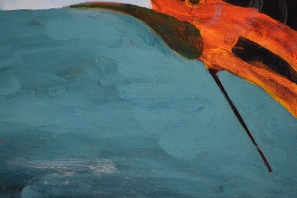 Close up of A glowing swordfish leaping out of the ocean. Large Painting by artist Donald Ryker in textured expressionist impressionist art style with unique impasto glaze technique.