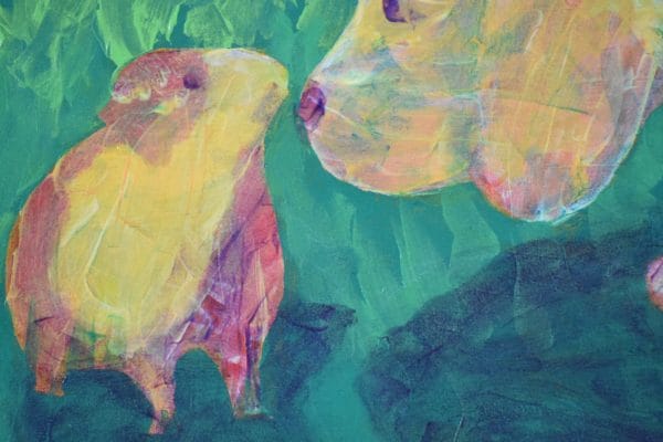 Close-up of A Future service dog puppy meeting a guinea pig on the grass. Gold, Peach, Lavender, green, yellow. Large Painting by artist Donald Ryker in textured expressionist impressionist art style with unique impasto glaze technique.