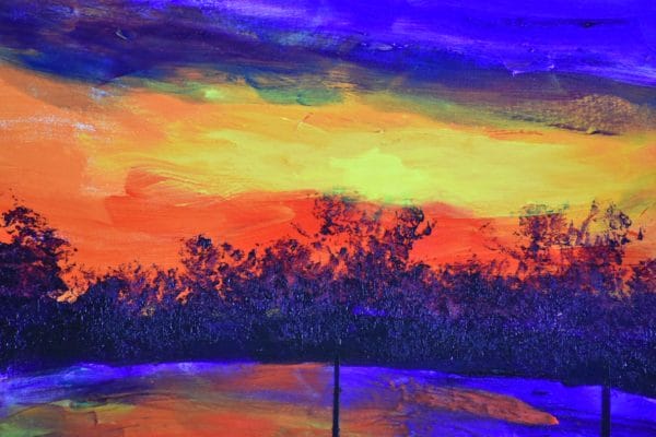 Close-up of A vivid purple and orange sunset on the lake with pussy willows silhouetted in the the foreground. Mountain Forest. Pinetop, AZ. Purple, Orange. Large Painting by artist Donald Ryker in textured expressionist impressionist art style with unique impasto glaze technique.