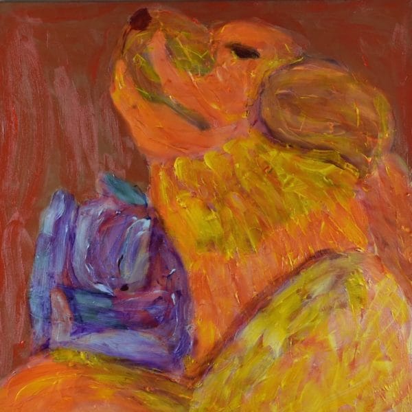 Yellow Lab naps with a tiny kitten cuddled next to her neck. Yellow, Orange, Red, Purple. Large Painting by artist Donald Ryker in textured expressionist impressionist art style with unique impasto glaze technique.