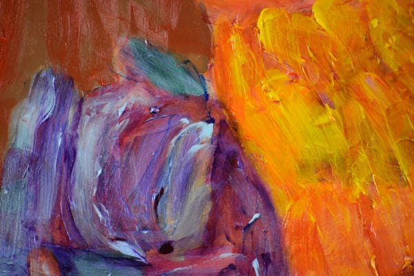 Close-up of Yellow Lab naps with a tiny kitten cuddled next to her neck. Yellow, Orange, Red, Purple. Large Painting by artist Donald Ryker in textured expressionist impressionist art style with unique impasto glaze technique.