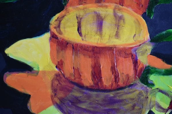 Close-up of A Halloween themed tea set is displayed on a dark tablecloth with an orange stain-glassed window in the background. Orange, yellow, green, purple. Large Painting by artist Donald Ryker in textured expressionist impressionist art style with unique impasto glaze technique.