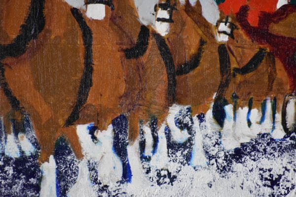 Close-up of A team of Clydesdale horses are pulling the Christmas Tree home from the snowy mountains. Mountains. Brown, Navy, Gray, White. Large Painting by artist Donald Ryker in textured expressionist impressionist art style with unique impasto glaze technique.