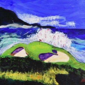 Groomed golf greens are surrounded by crashing waves, clear blue skies and natural rocky shorelines. Ocean. Blue, green, purple. Large Painting by artist Donald Ryker in textured expressionist impressionist art style with unique impasto glaze technique.