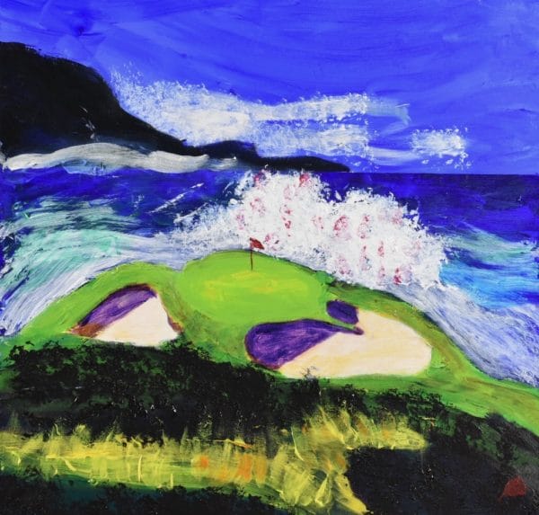 Groomed golf greens are surrounded by crashing waves, clear blue skies and natural rocky shorelines. Ocean. Blue, green, purple. Large Painting by artist Donald Ryker in textured expressionist impressionist art style with unique impasto glaze technique.
