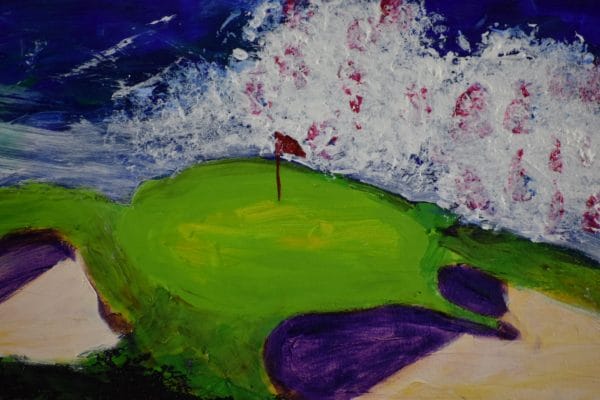 Close-up of Groomed golf greens are surrounded by crashing waves, clear blue skies and natural rocky shorelines. Ocean. Blue, green, purple. Large Painting by artist Donald Ryker in textured expressionist impressionist art style with unique impasto glaze technique.