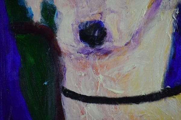 Close-up of A labrador retriever service dog stands beside the jean covered leg of his person. Green, Blue, Yellow, lavender, cream. Large Painting by artist Donald Ryker in textured expressionist impressionist art style with unique impasto glaze technique.