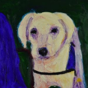 A labrador retriever service dog stands beside the jean covered leg of his person. Green, Blue, Yellow, lavender, cream. Large Painting by artist Donald Ryker in textured expressionist impressionist art style with unique impasto glaze technique.