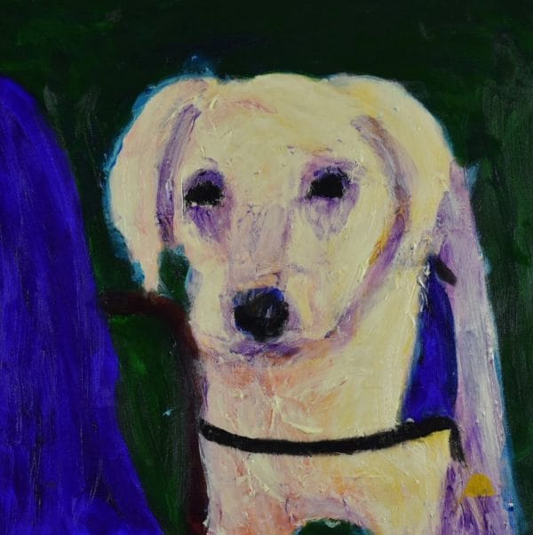 A labrador retriever service dog stands beside the jean covered leg of his person. Green, Blue, Yellow, lavender, cream. Large Painting by artist Donald Ryker in textured expressionist impressionist art style with unique impasto glaze technique.