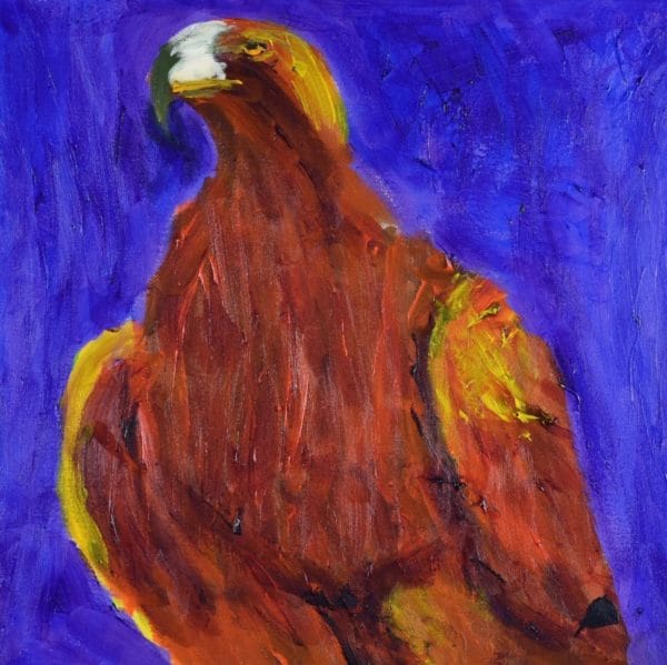 A large bird of prey standing and looking to the horizon. Purple, Orange, Yellow, Brown, Red. Mountain. Large Painting by artist Donald Ryker in textured expressionist impressionist art style with unique impasto glaze technique.