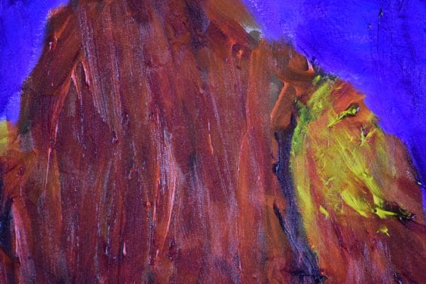 Close-up of A large bird of prey standing and looking to the horizon. Purple, Orange, Yellow, Brown, Red. Mountain. Large Painting by artist Donald Ryker in textured expressionist impressionist art style with unique impasto glaze technique.