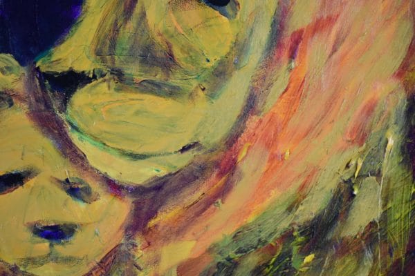 Close-up of A worried cub huddles against his unconcerned father. Yellow, Orange, Navy. Large Painting by artist Donald Ryker in textured expressionist impressionist art style with unique impasto glaze technique.