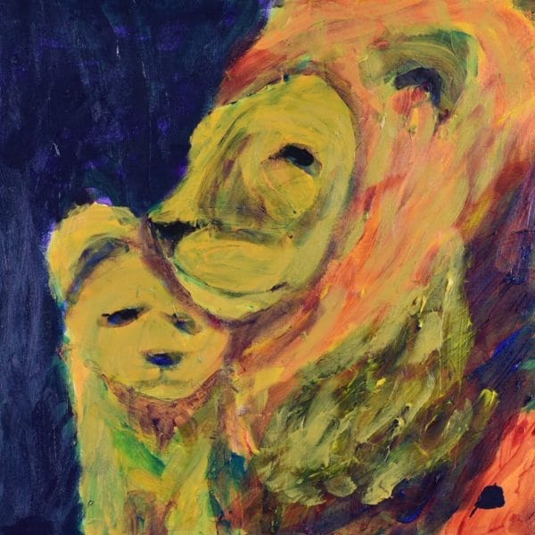 A worried cub huddles against his unconcerned father. Yellow, Orange, Navy. Large Painting by artist Donald Ryker in textured expressionist impressionist art style with unique impasto glaze technique.