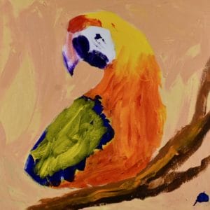 A tropical parrot perched on a branch is twisting to keep his eye on his surroundings with a neutral background. Orange, Blue, Yellow, Neutral. Large Painting by artist Donald Ryker in textured expressionist impressionist art style with unique impasto glaze technique.