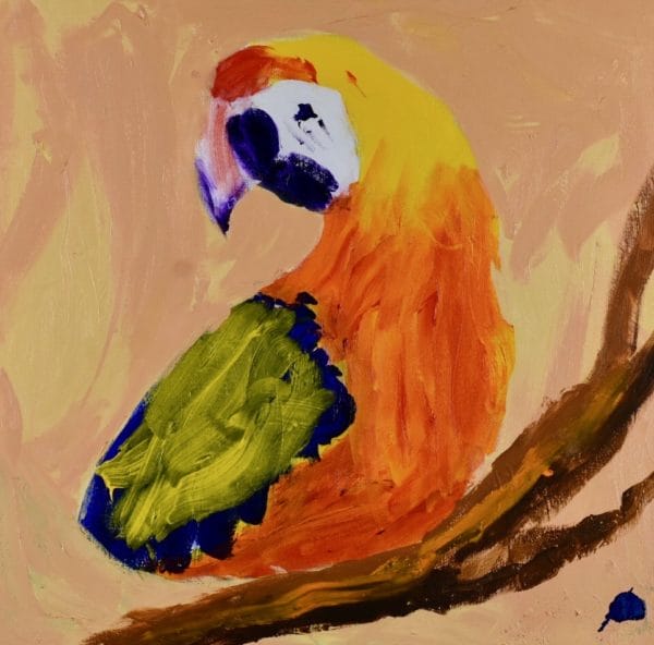 A tropical parrot perched on a branch is twisting to keep his eye on his surroundings with a neutral background. Orange, Blue, Yellow, Neutral. Large Painting by artist Donald Ryker in textured expressionist impressionist art style with unique impasto glaze technique.