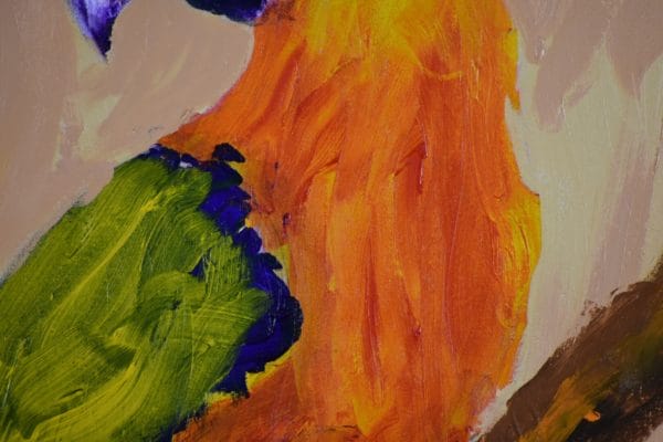 Close-up of A tropical parrot perched on a branch is twisting to keep his eye on his surroundings with a neutral background. Orange, Blue, Yellow, Neutral. Large Painting by artist Donald Ryker in textured expressionist impressionist art style with unique impasto glaze technique.