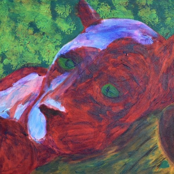 A blood red panther lying on a felled log gazes with desolate eyes into the distance. Forest. Red, Green, Brown, Purple. Large Painting by artist Donald Ryker in textured expressionist impressionist art style with unique impasto glaze technique.