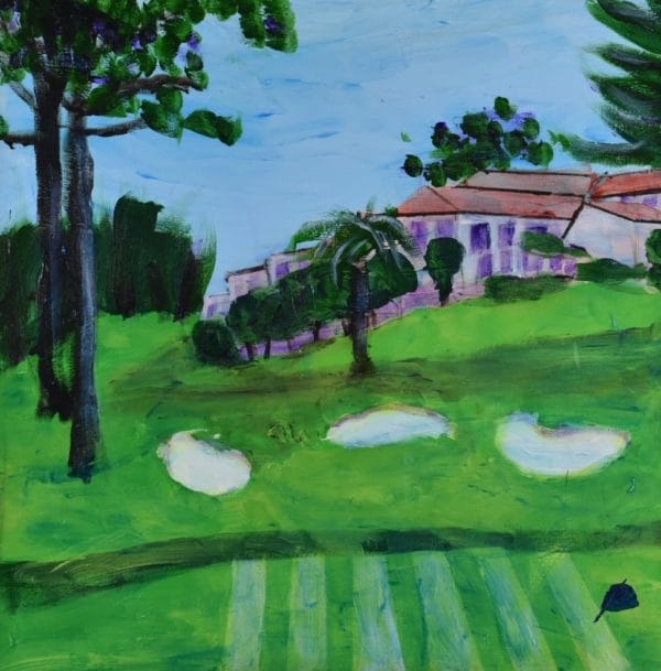 Looking down the fairway towards the clubhouse with sand traps and tall trees. Golf Course. Pink, Green, Blue, Purple. Large Painting by artist Donald Ryker in textured expressionist impressionist art style with unique impasto glaze technique.