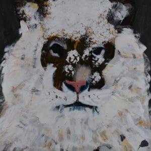 A white tiger is dusted with snow. Mountain. Neutral tones, white, cream, brown. Large Painting by artist Donald Ryker in textured expressionist impressionist art style with unique impasto glaze technique.